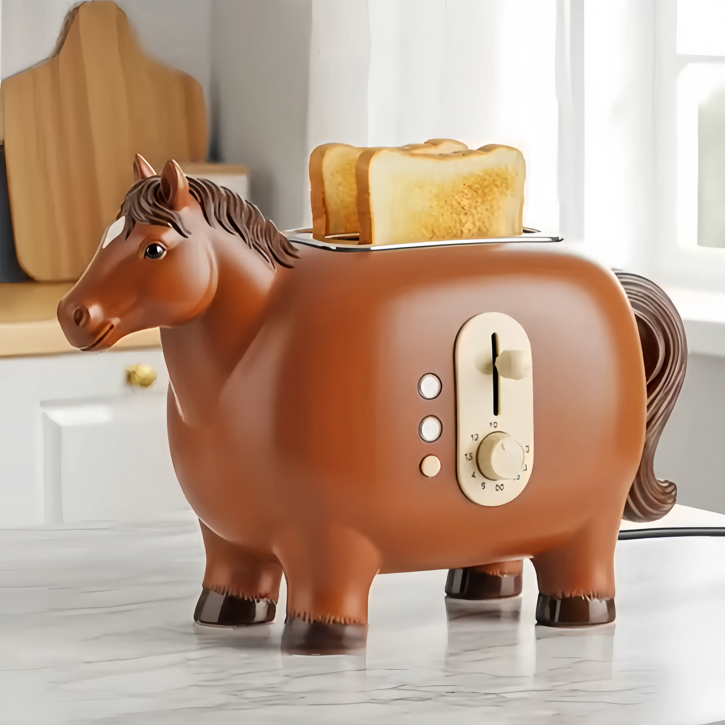 Charming Ceramic-Look Horse 4-Slice Toaster | Premium Glossy Resin Kitchen Appliance-Classic Brown Horse