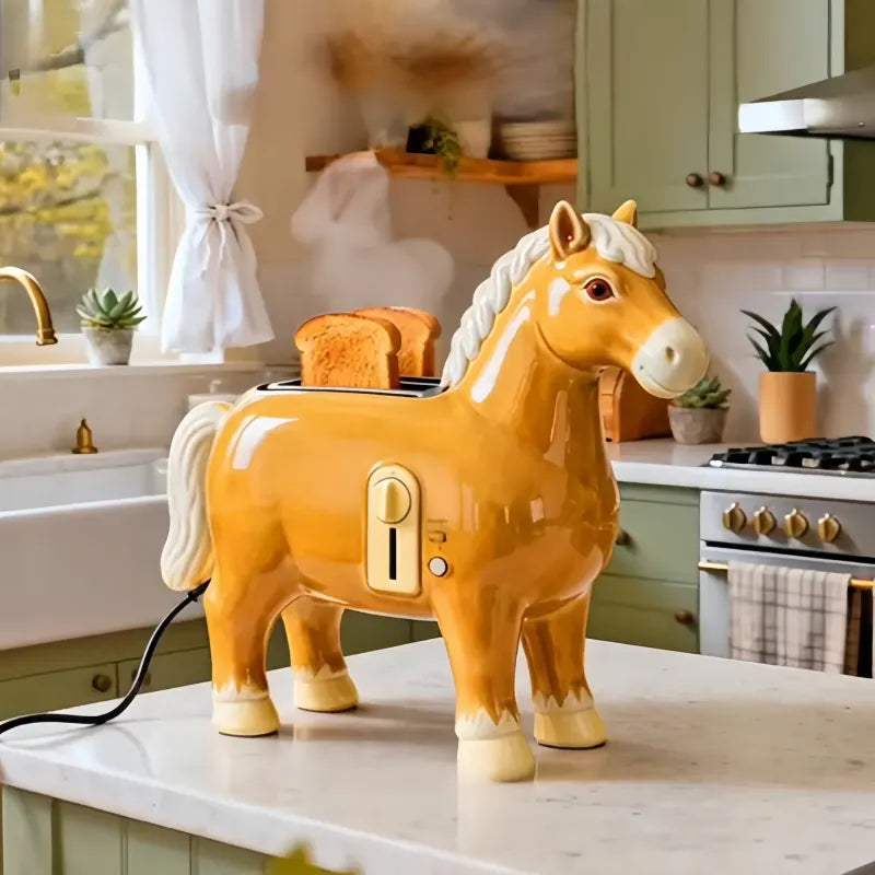 Charming Ceramic-Look Horse 4-Slice Toaster | Premium Glossy Resin Kitchen Appliance-Golden Tan Horse