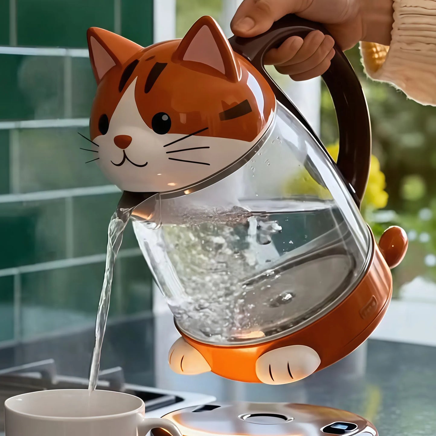 Aesthetic Pet Series Electric Kettle - 1.7L Premium Glass Kettle with Smart LED Atmosphere Temperature Ring-Orange Cat