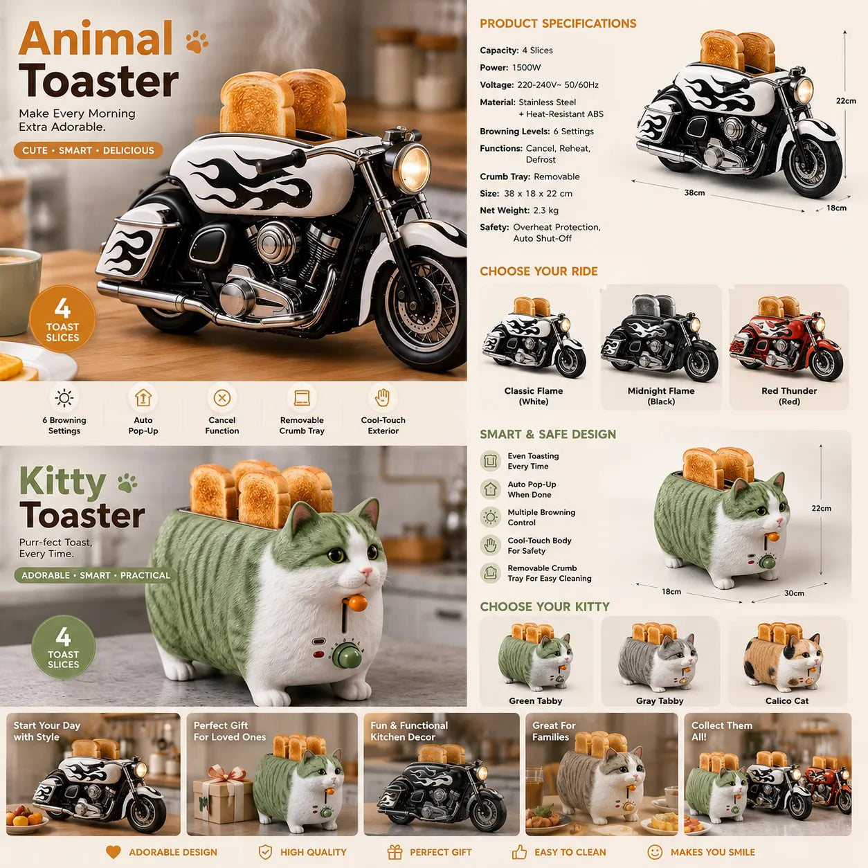 Creative 4-Slice Toaster | Cute Aesthetic Kitchen Appliance for Cozy Breakfast & Unique Home Decor-2