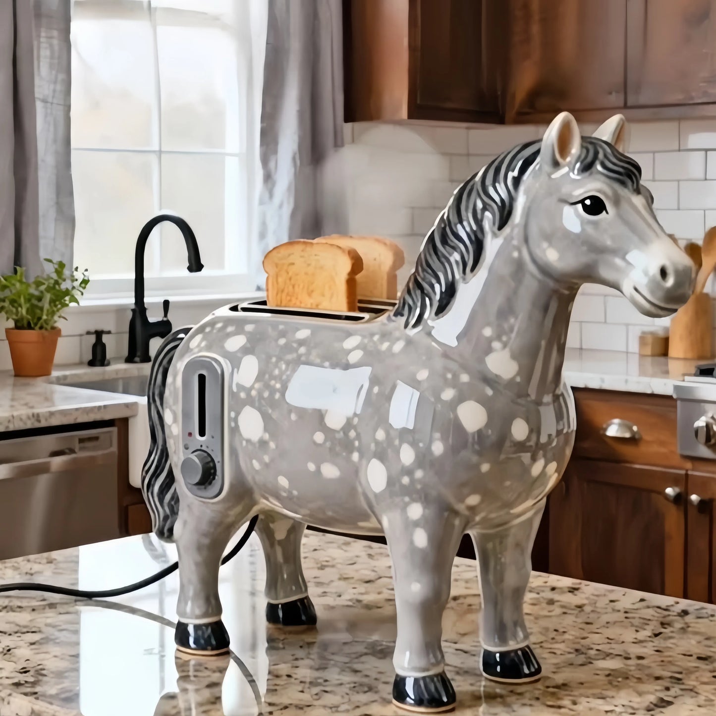 Charming Ceramic-Look Horse 4-Slice Toaster | Premium Glossy Resin Kitchen Appliance-Dappled Gray Horse