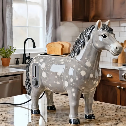 Charming Ceramic-Look Horse 4-Slice Toaster | Premium Glossy Resin Kitchen Appliance-Dappled Gray Horse