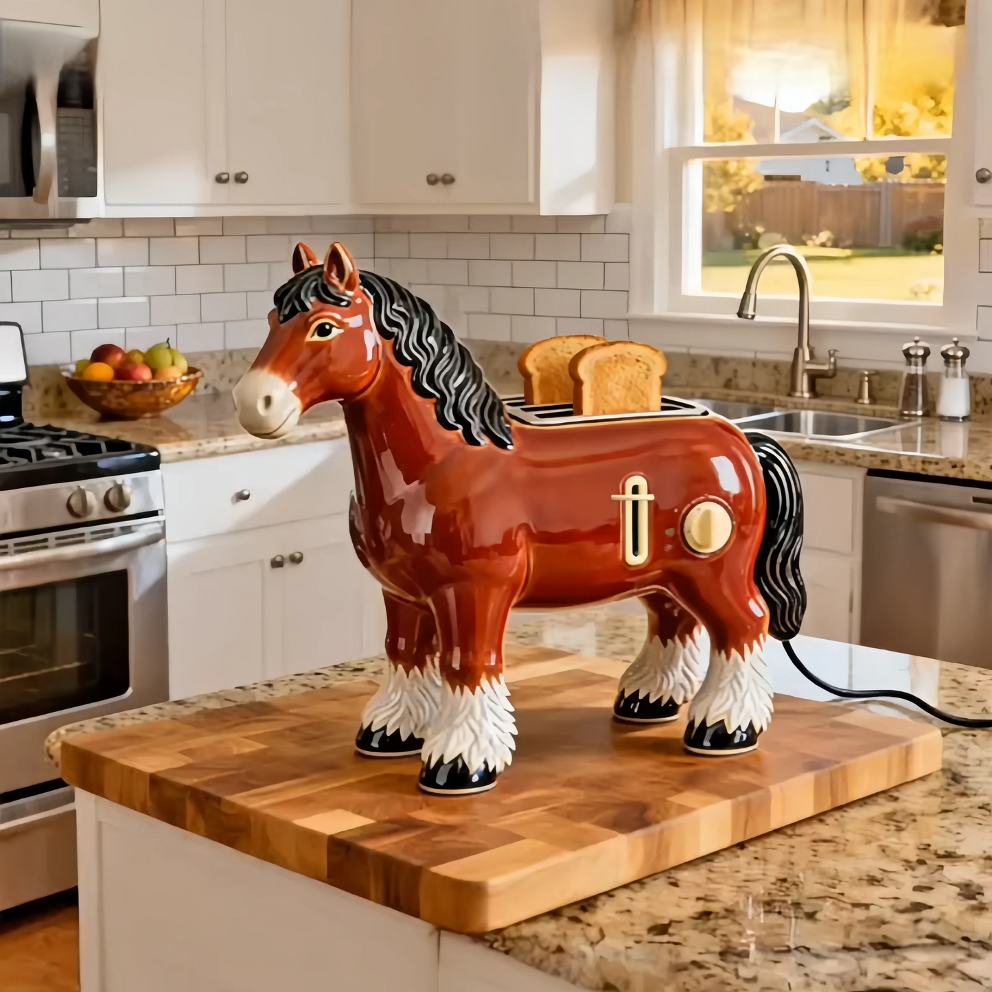 Charming Ceramic-Look Horse 4-Slice Toaster | Premium Glossy Resin Kitchen Appliance-Chestnut Brown Horse