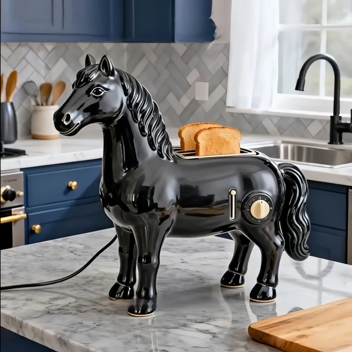 Charming Ceramic-Look Horse 4-Slice Toaster | Premium Glossy Resin Kitchen Appliance-Midnight Black Horse