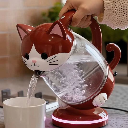 Aesthetic Pet Series Electric Kettle - 1.7L Premium Glass Kettle with Smart LED Atmosphere Temperature Ring-Red Cat