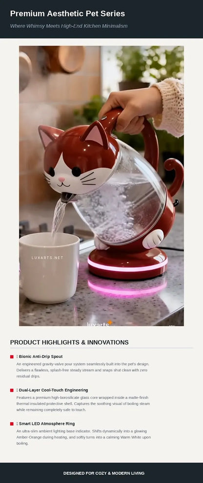 Aesthetic Pet Series Electric Kettle - 1.7L Premium Glass Kettle with Smart LED Atmosphere Temperature Ring-Cow