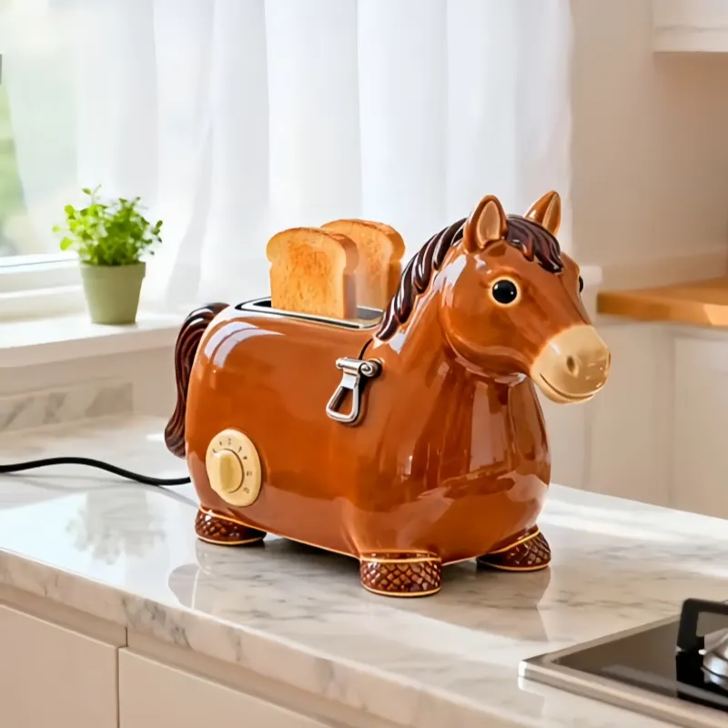 Charming Ceramic-Look Horse 4-Slice Toaster | Premium Glossy Resin Kitchen Appliance-Cozy Brown Pony Horse